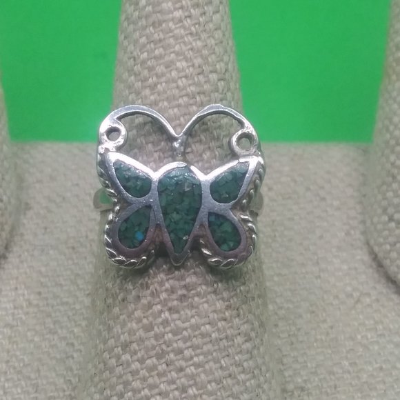 Inlaid Turquoise & Sterling Silver Butterfly Ring - Picture 1 of 6